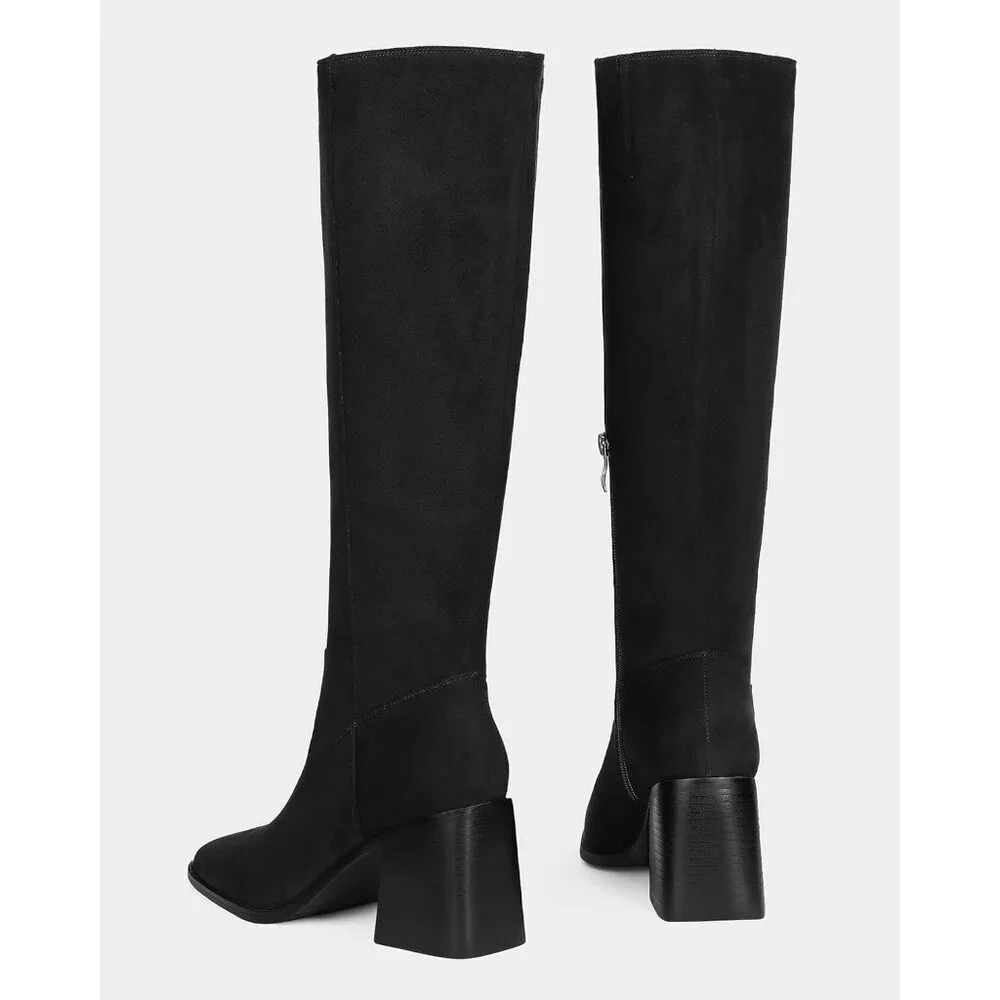 Women Black Polyurethane Knee High Square Toe Side Zipper Block Heel Tall Boots